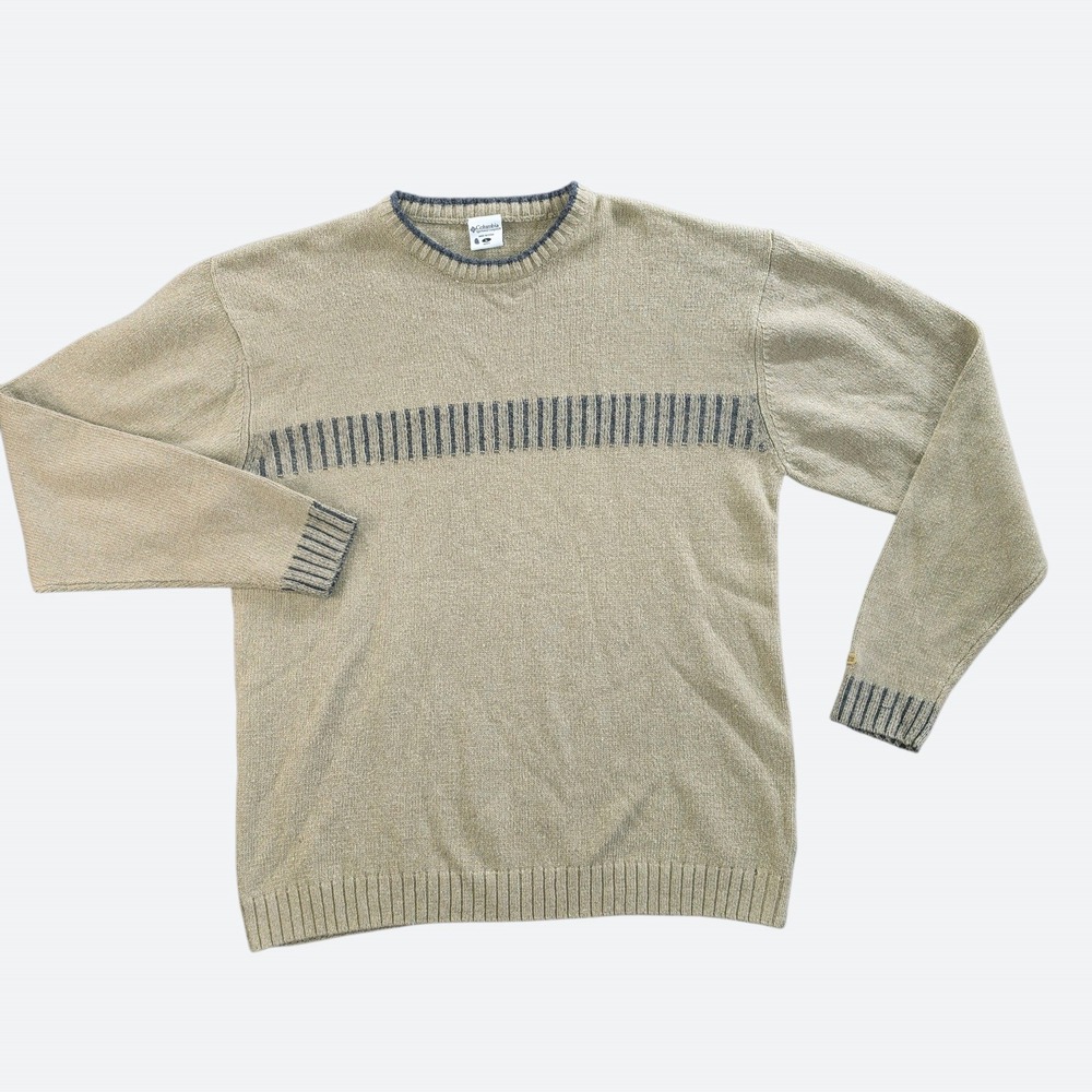 Columbia Gorpcore Earthy Striped Crewneck Sweater Large Wool Blend Tan Grey